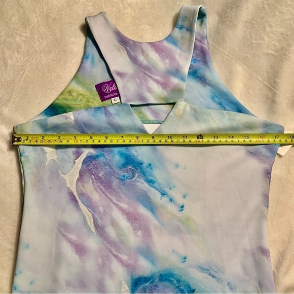 NWT Mini Dress Large by Artist Velia Lala Blues Purples Greens Keyhole Stretchy - Picture 13 of 16